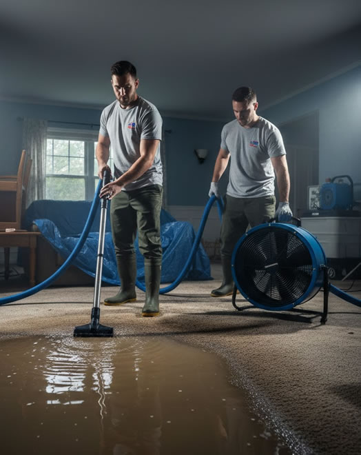 photo of 2 Emergency Water Damage Remediation Service technicians removing water from a residential property