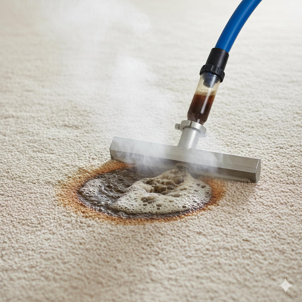 photo shows professional deep cleaning of a stain on a residential carpet
